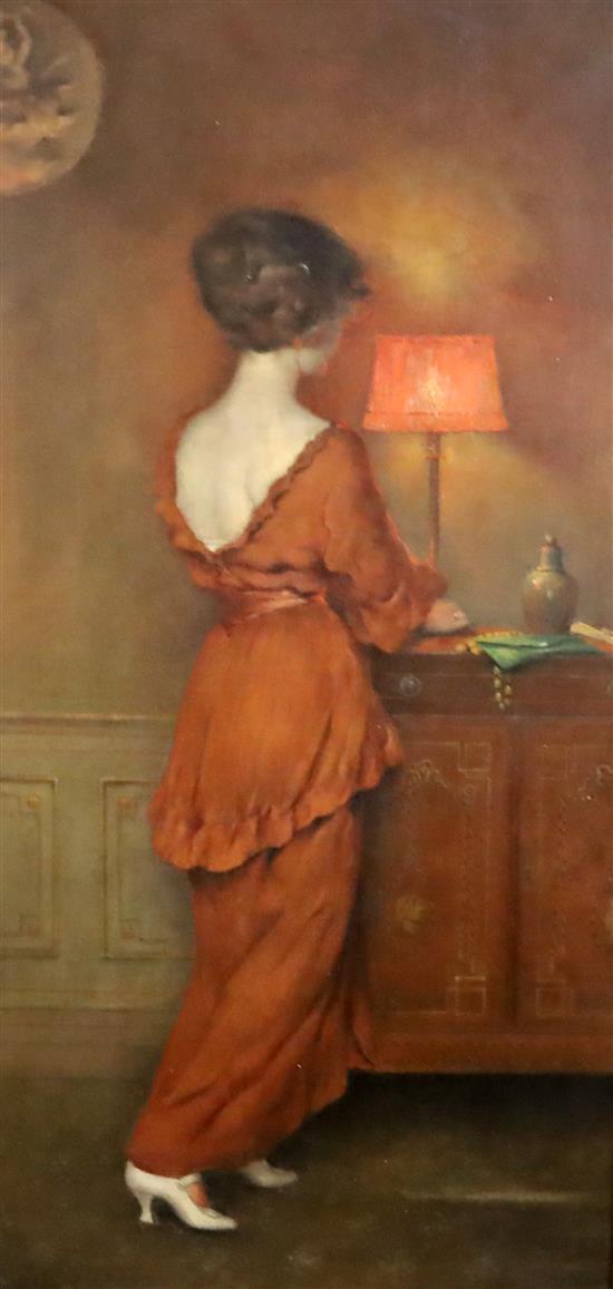 § Henri Moreau (Belgian, 1869-1943) The Lady in Red 39 x 19.5in.
